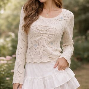 Freshman 1996 Cream Crochet Knit Sweater Floral Embroidery Coquette Cottegecore